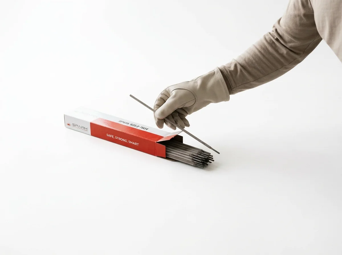 Gloved hand holding a welding electrode above an open box of welding rods