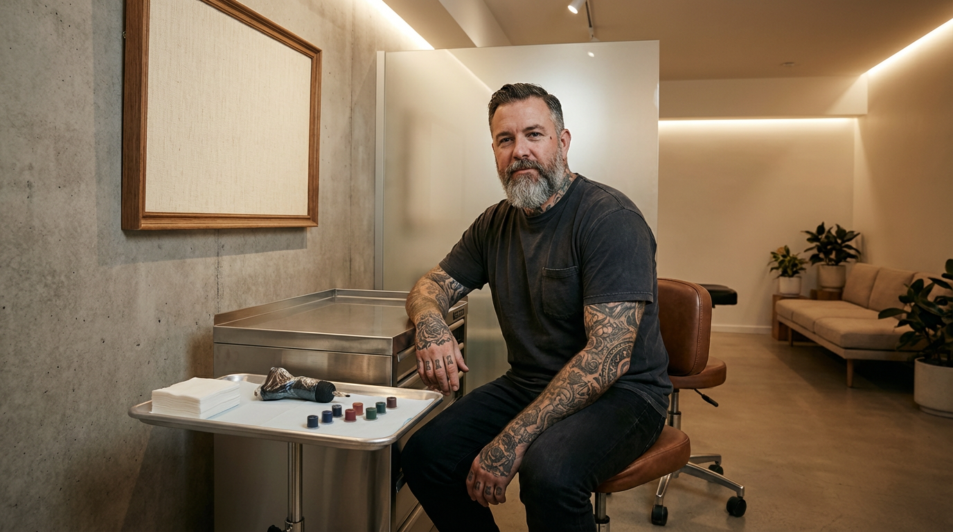 Homme barbu tatoué assis dans un studio de tatouage, avec matériel et encres colorées sur un plateau.