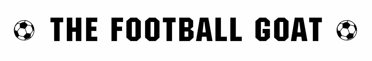 Black-and-white banner reading “THE FOOTBALL GOAT” between two soccer balls.