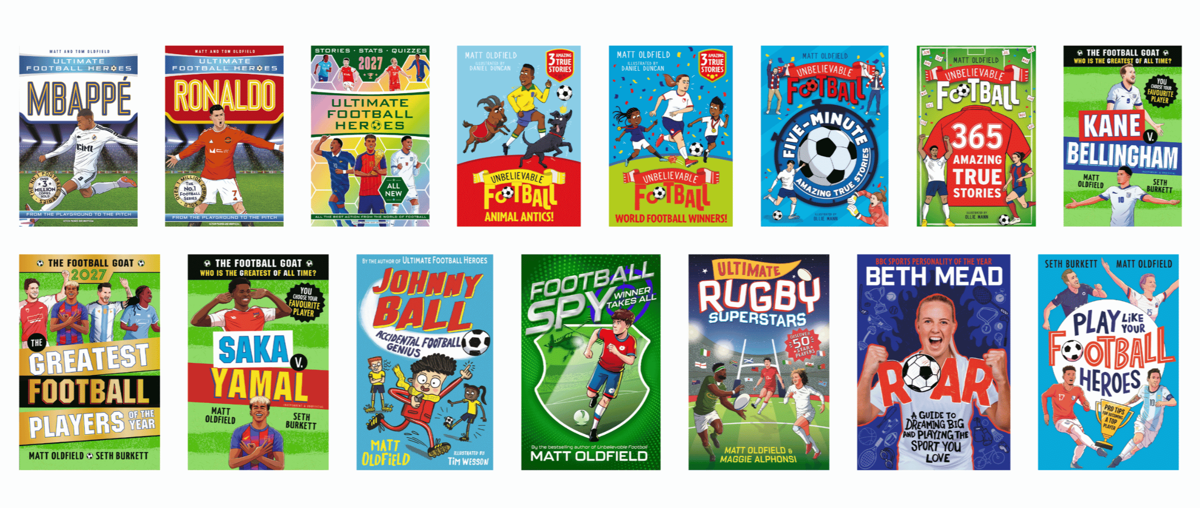 Collection of soccer and rugby books by Matt Oldfield, featuring covers about Mbappé, Ronaldo, Kane, Bellingham, Saka, Yamal, Beth Mead, and other sports heroes.