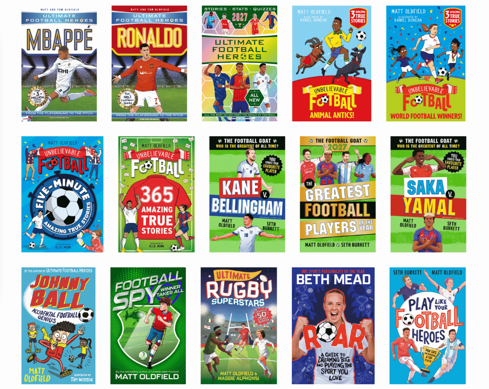 Grid of 15 illustrated sports books, including football titles about Mbappé, Ronaldo, Kane, Bellingham, Saka, and Yamal, plus books about rugby and soccer heroes.