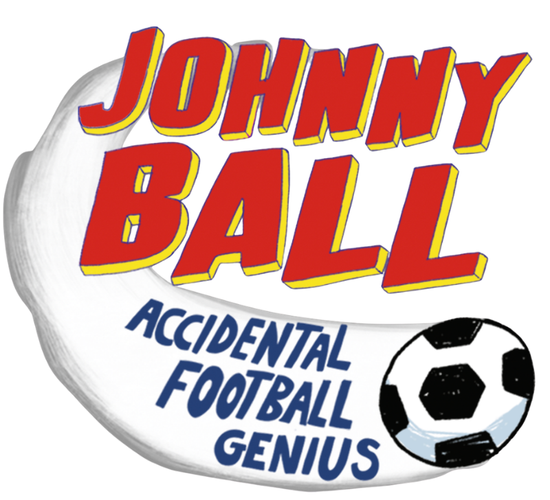 Colorful Johnny Ball logo with red 3D lettering, a soccer ball, and the tagline “Accidental Football Genius”