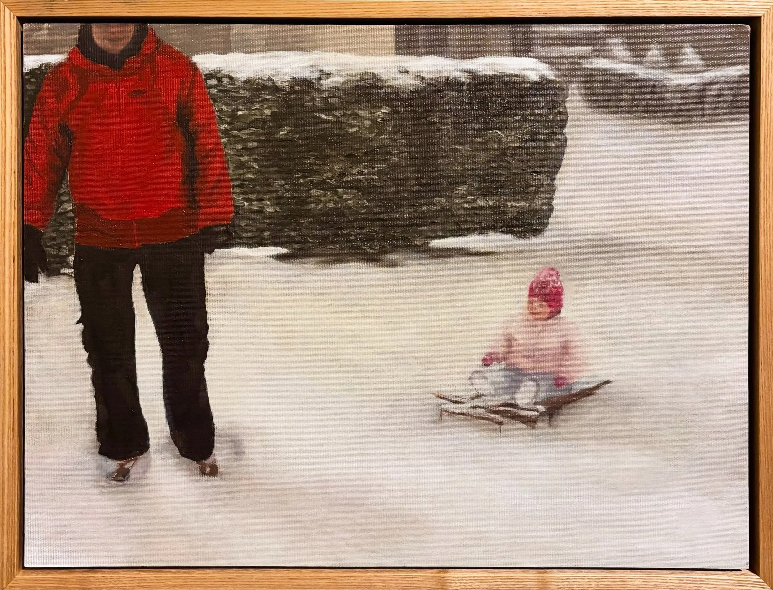 &lsquo;A snowy day in Greensboro, North Carolina&rsquo;
Oil on wood panel 
40 x 30cm 
2026

happy fathers day!

This painted from a photo from ~2008, of my dad pulling me on a sled outside our house during a very rare snowy day 
I&rsquo;ve been worki