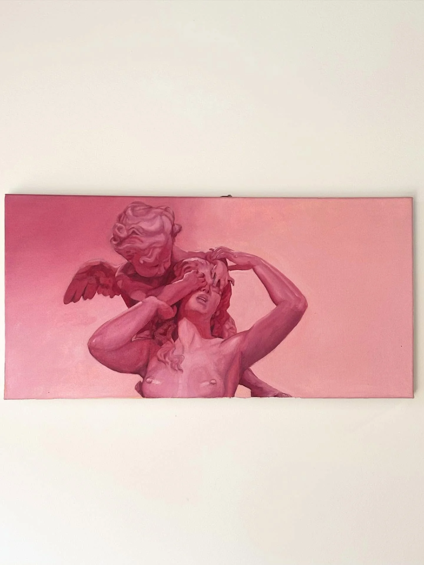 &lsquo;Blinding Love&rsquo;
Oil on canvas
15&rdquo;x30&rdquo;

This is a painting of Donato Barcaglia&rsquo;s marble statue &lsquo;Love is Blind&rsquo; (1875), which depicts a symbolic moment where love (the angel Cupid) has come up to a young woman 