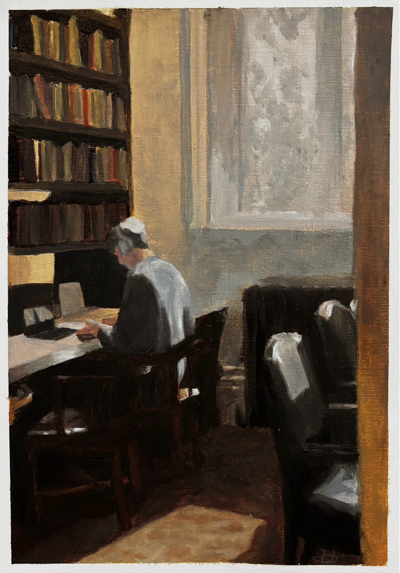 Studying in the Silent Library - 2026 - Oil on canvas paper - 29.5 x 21cm