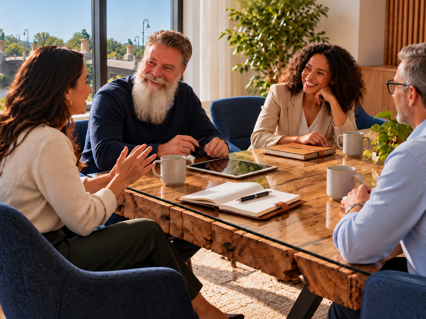 Bill Correll smiling with three professionals around a conference table, with Willimantic’s Frog Bridge visible through the windows.