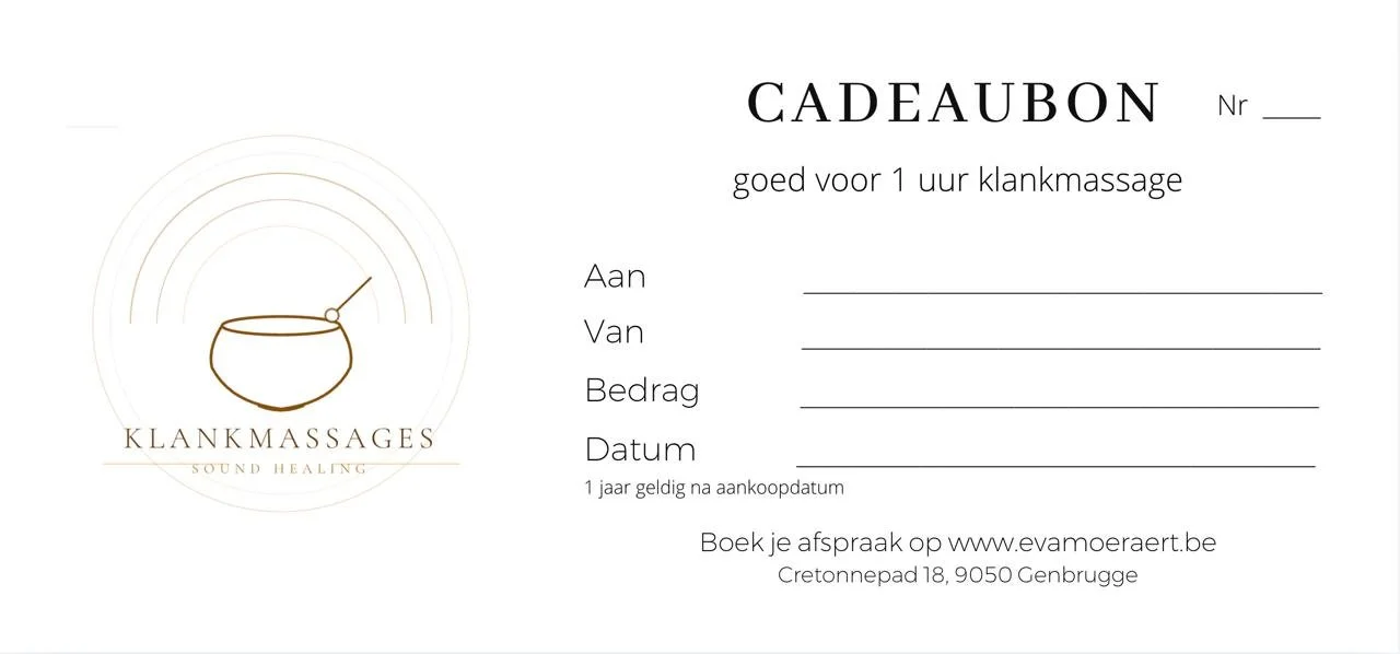 Cadeaubon van Klankmassages voor één uur klankmassage, met invulvelden voor aan, van, bedrag en datum.