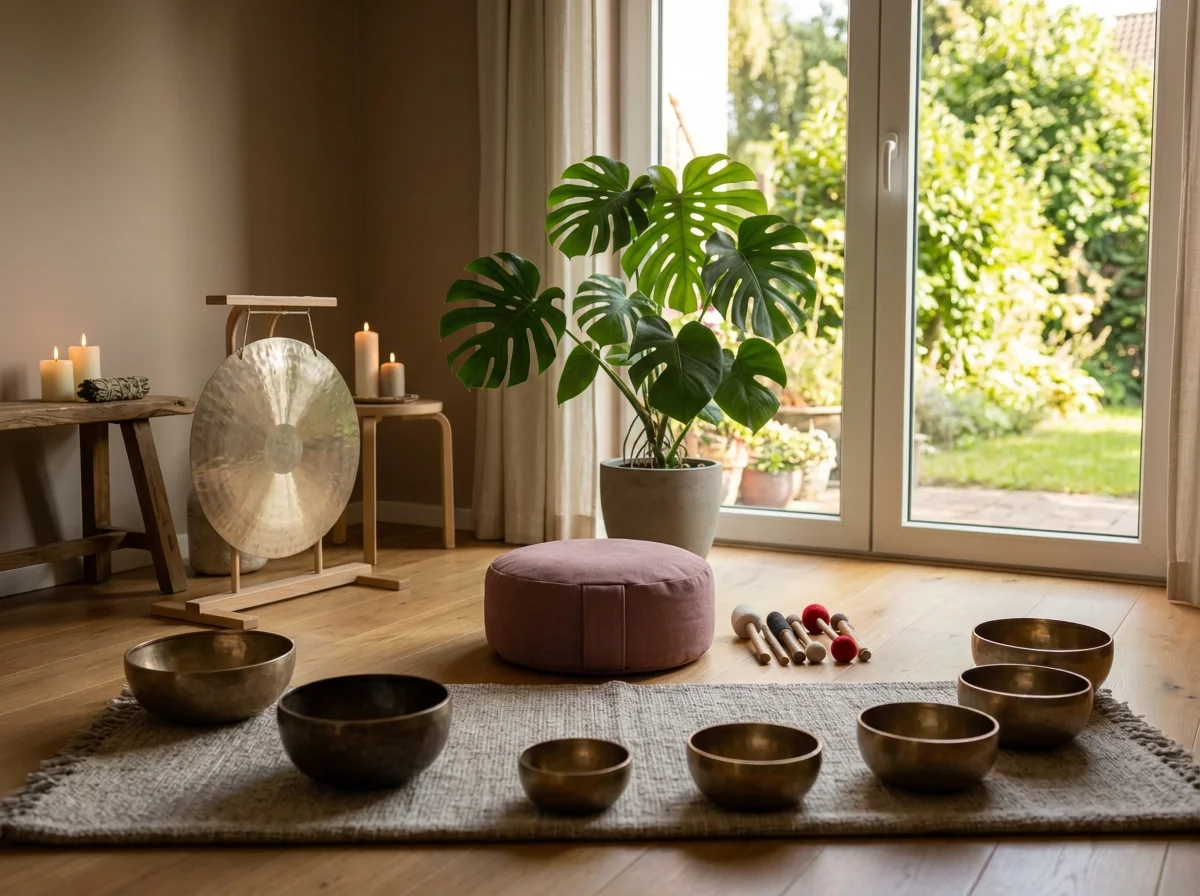 Rustige meditatieruimte met klankschalen, gong, kaarsen, meditatiekussen en monstera naast een zonnig raam.