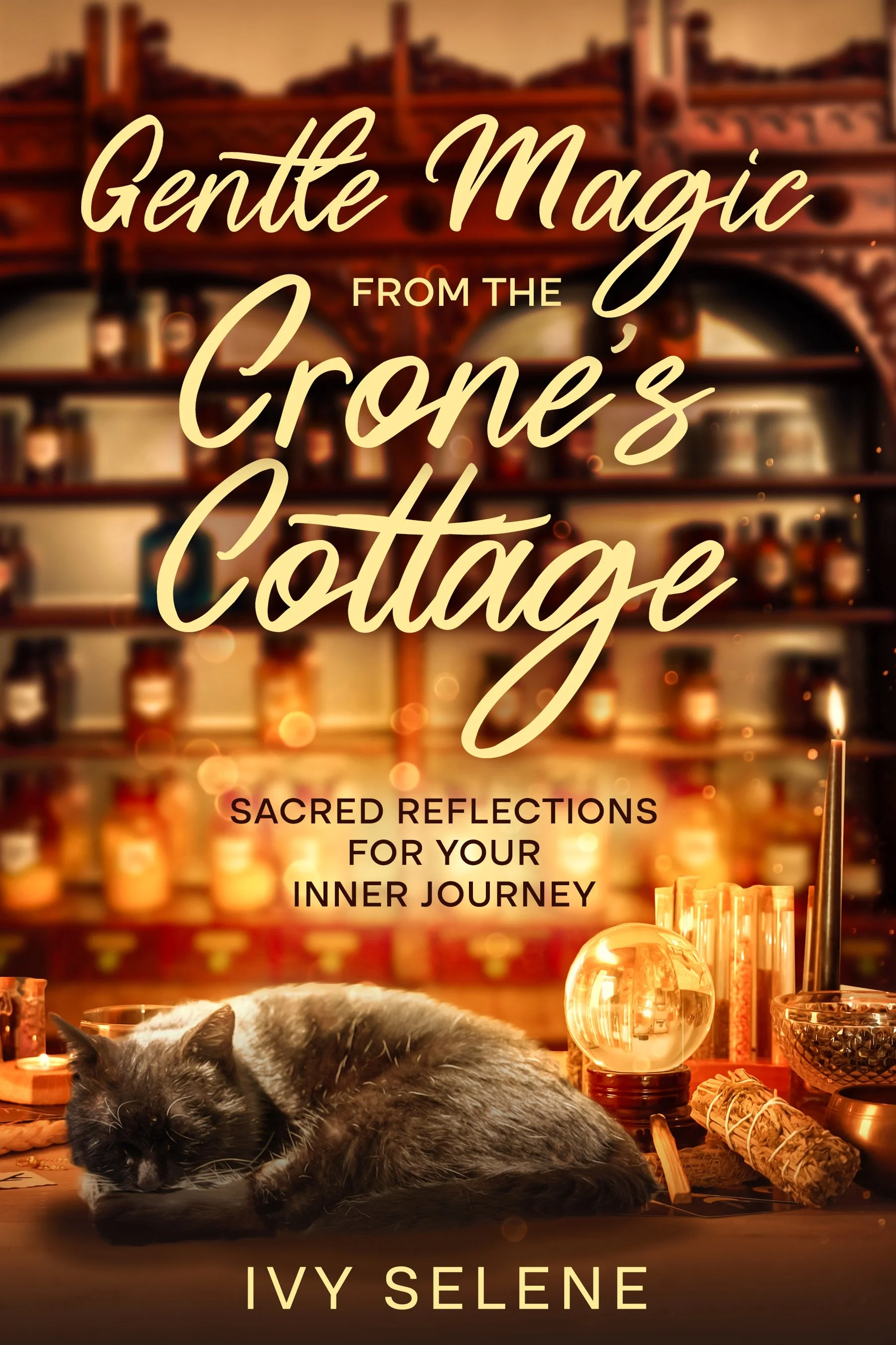 Book cover for “Gentle Magic from the Stars,” featuring a sleeping black cat, candles, crystals, and warm mystical decor; sacred reflections for your inner journey by Ivy Selene.
