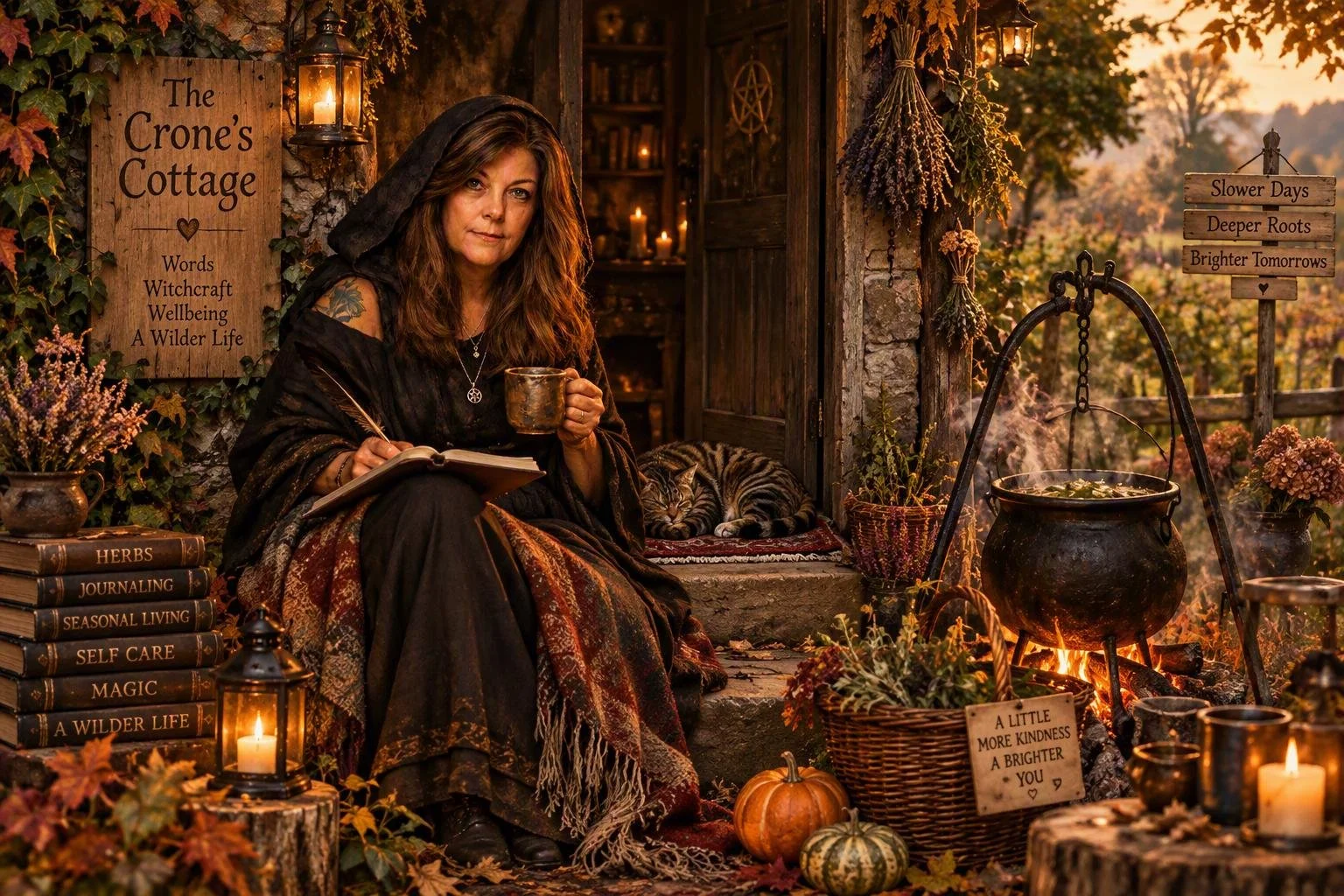 Woman in a witch costume journaling beside a sleeping cat, lanterns, herbs, books, and a steaming cauldron outside a rustic cottage.
