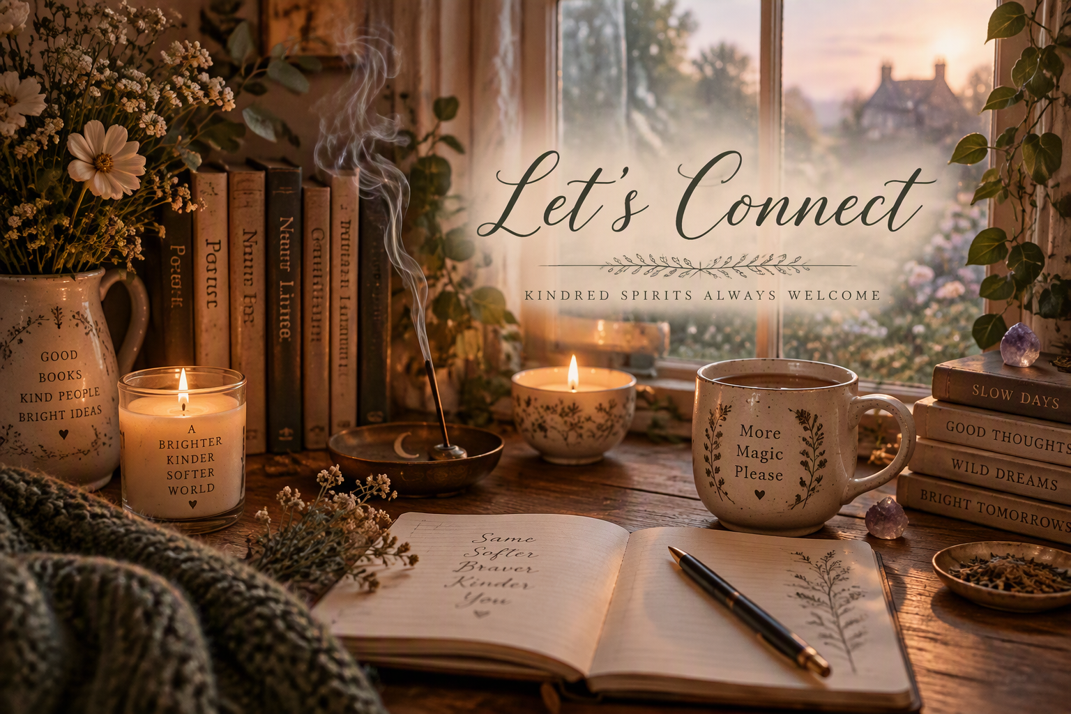 Cozy cottagecore writing desk with candles, flowers, books, steaming tea, journal, and window view, featuring “Let’s Connect” lettering
