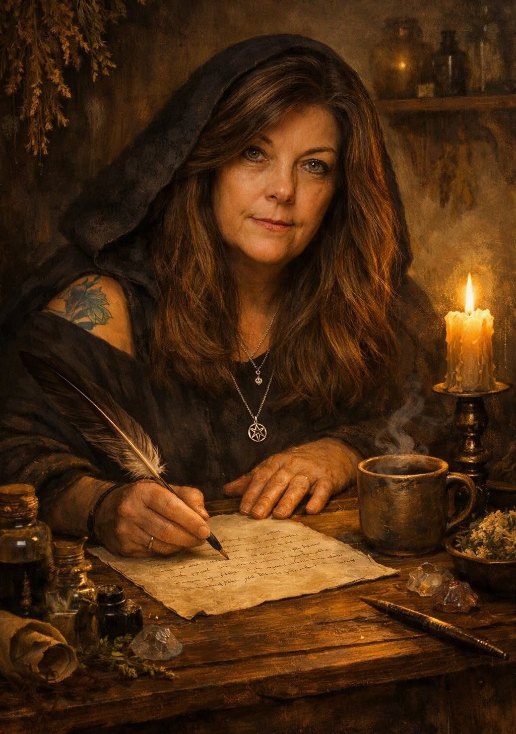 Portrait of a hooded woman with a tattoo writing with a quill beside a candle, steaming mug, herbs, and crystals.