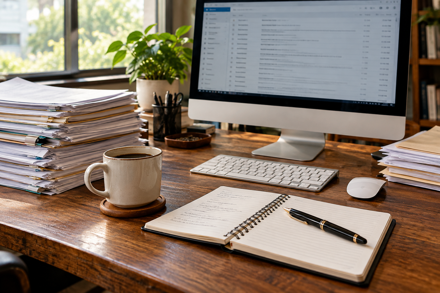 Home office desk with computer, stacks of paperwork, coffee mug, notebook, pen, keyboard, mouse, and houseplant
