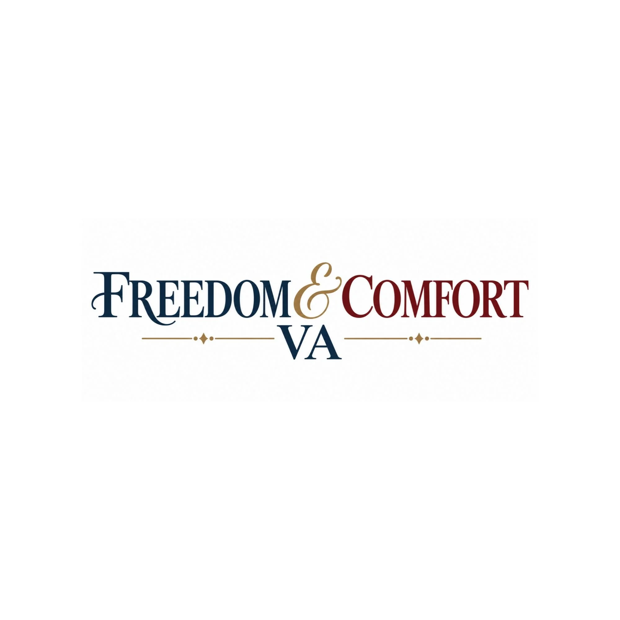 Freedom & Comfort VA logo in navy blue, gold, and burgundy on a white background