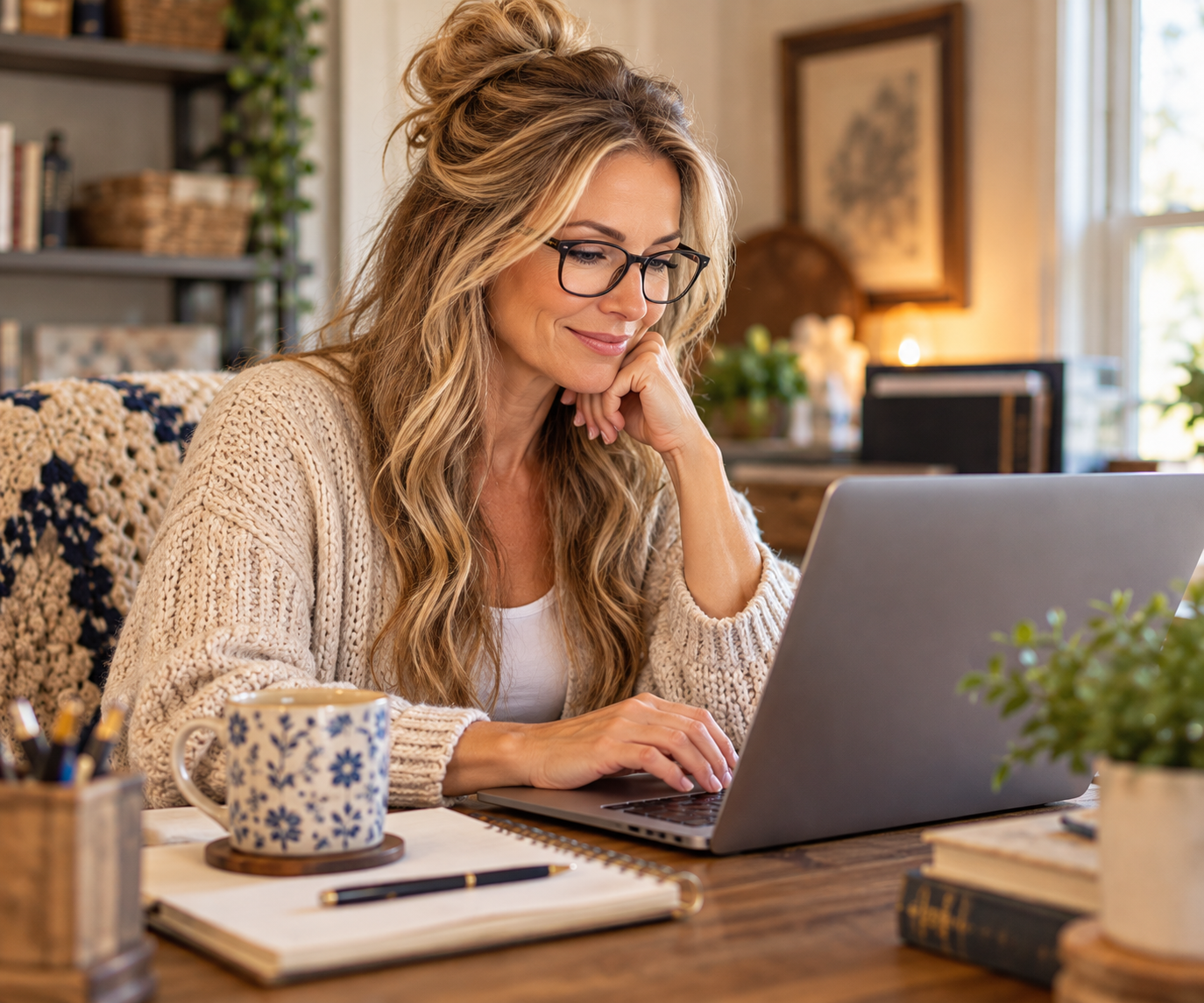 Woman wearing glasses working on a laptop at home with coffee, notebook, and pen on the desk