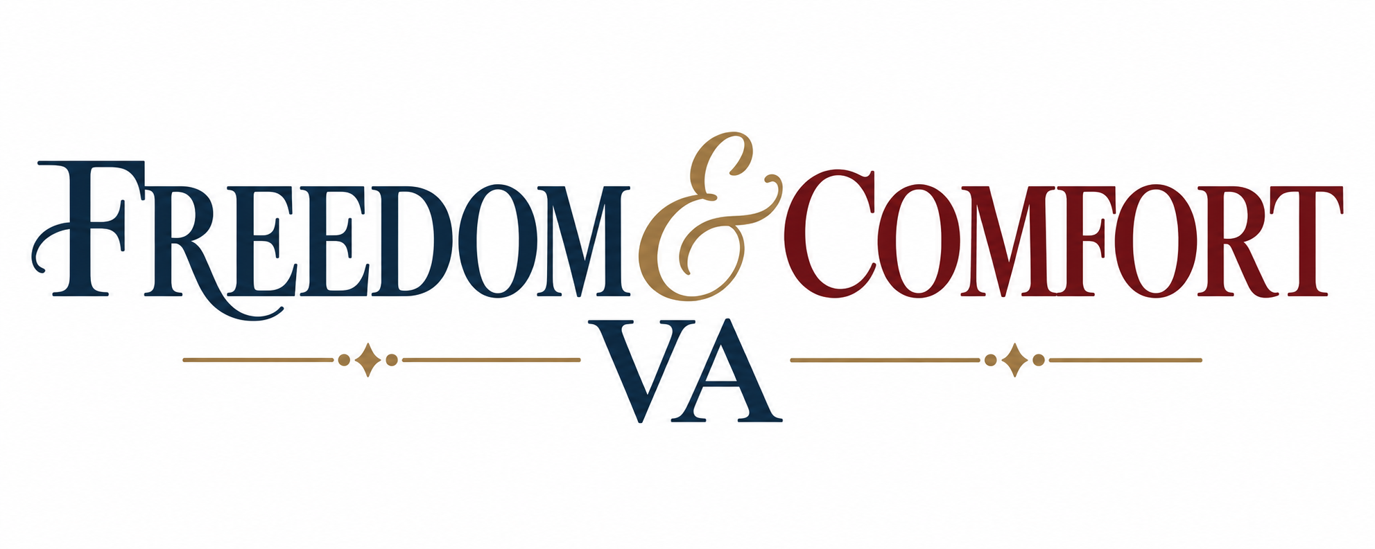 Freedom & Comfort VA logo in navy blue, gold, and burgundy