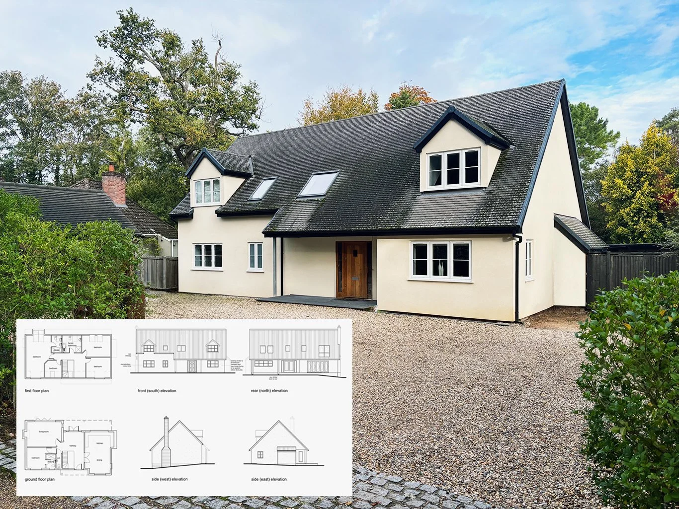 Large house with dark pitched roof, dormer windows, gravel driveway, trees, and architectural floor plans overlaid in the lower left