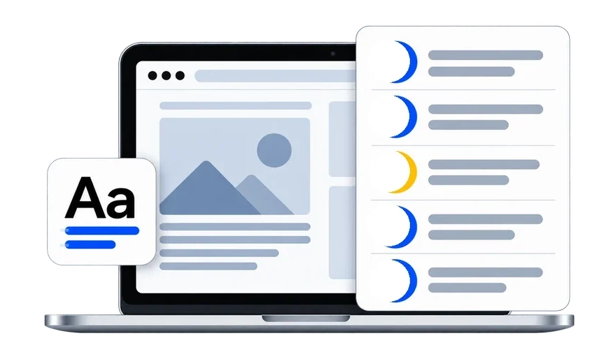 Animated illustration of a laptop displaying a website accessibility checklist with blue checkmarks, a warning symbol and a typography icon.