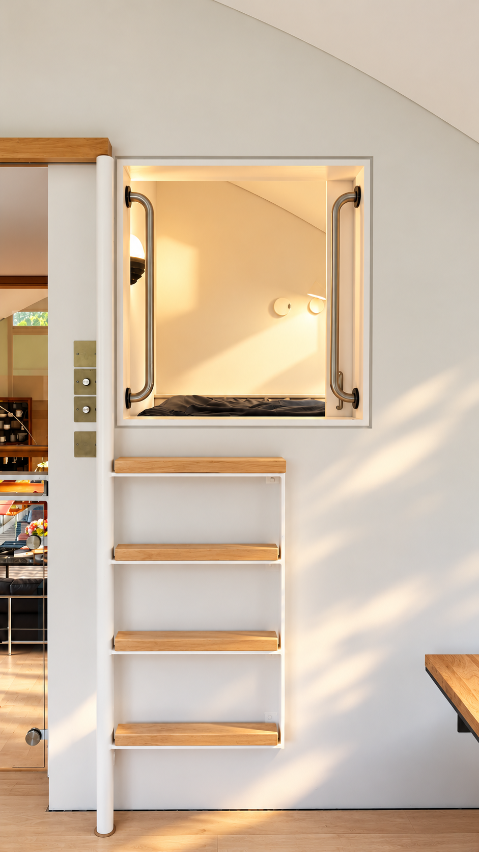 Modern interior wall with a built-in sleeping nook, metal grab bars, accessed via wooden ladder