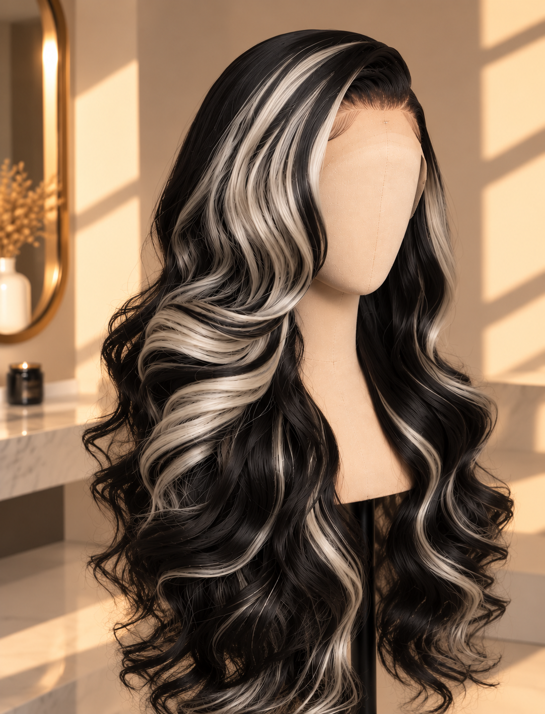 Perruque noire et blonde en lumière dorée.png