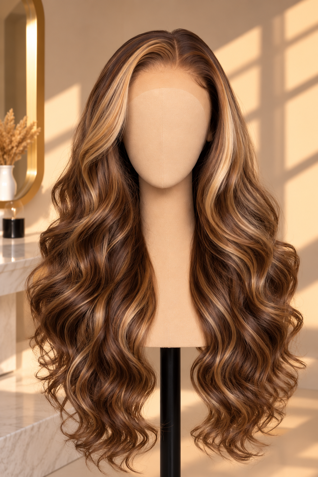 Perruque ondulée caramel en lumière dorée.png