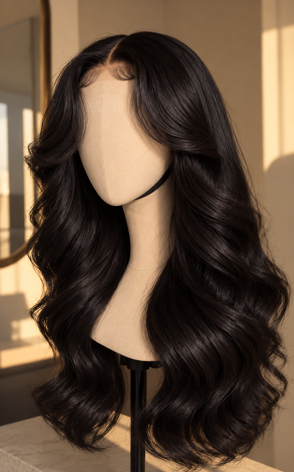 Perruque noire ondulée sur mannequin.png