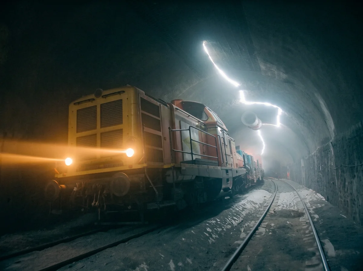 Locomotive de chantier éclairée dans un tunnel ferroviaire souterrain