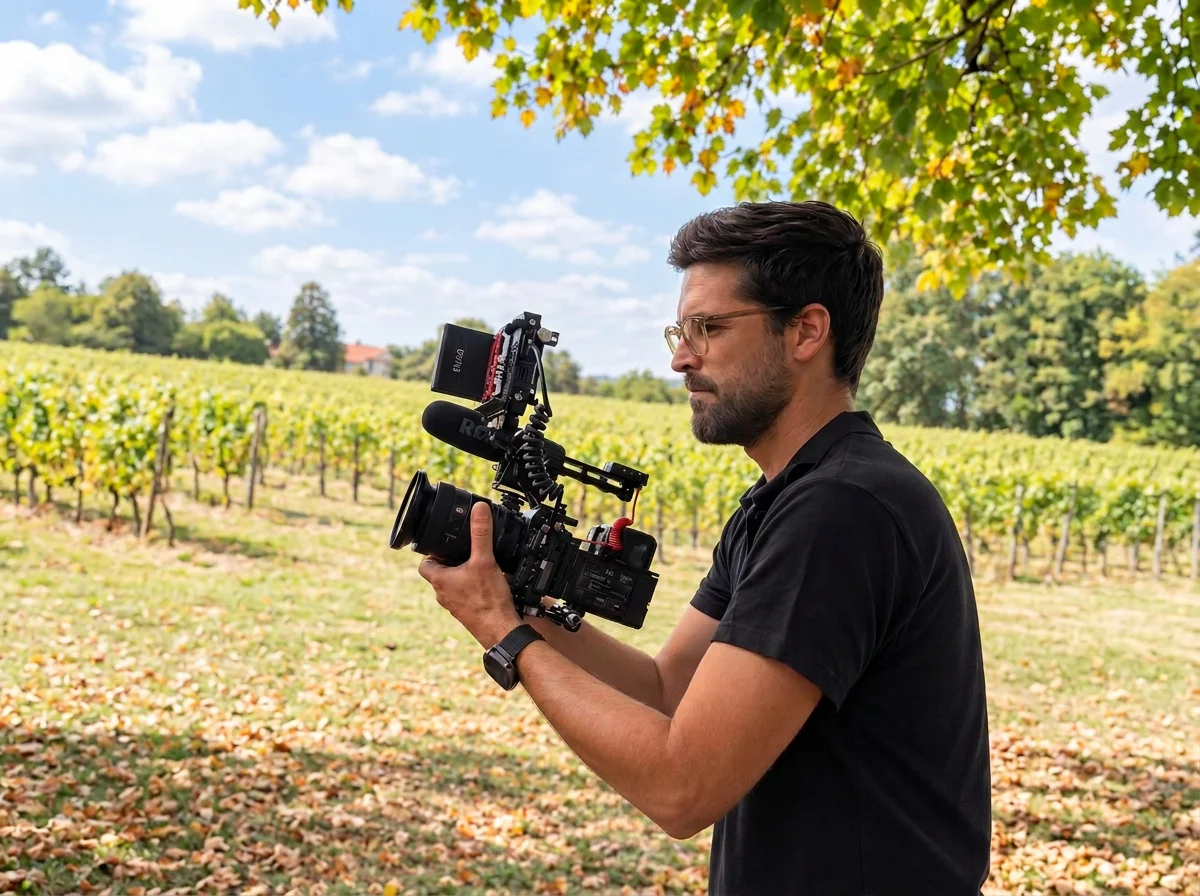 Vidéaste filmant un vignoble avec une caméra professionnelle sous un arbre en automne.