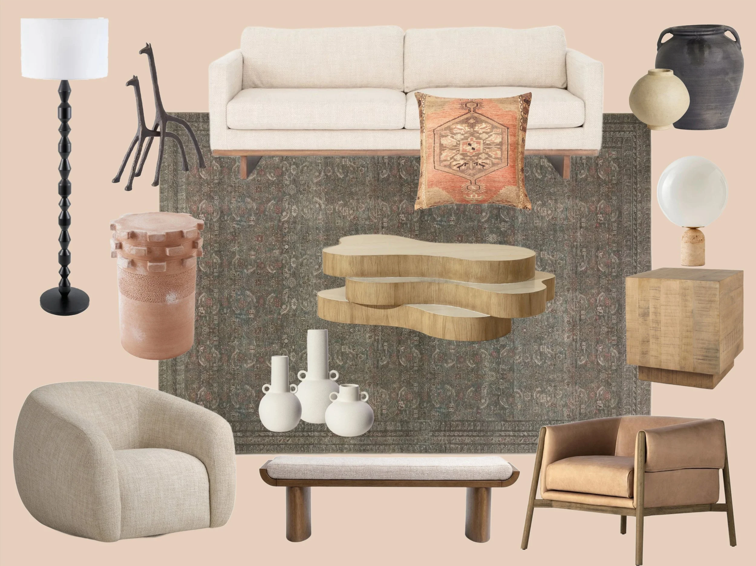 Eclectic living room furniture collage with cream sofa, patterned rug, sculptural wood coffee table, armchairs, floor lamp, vases, and decorative pottery.