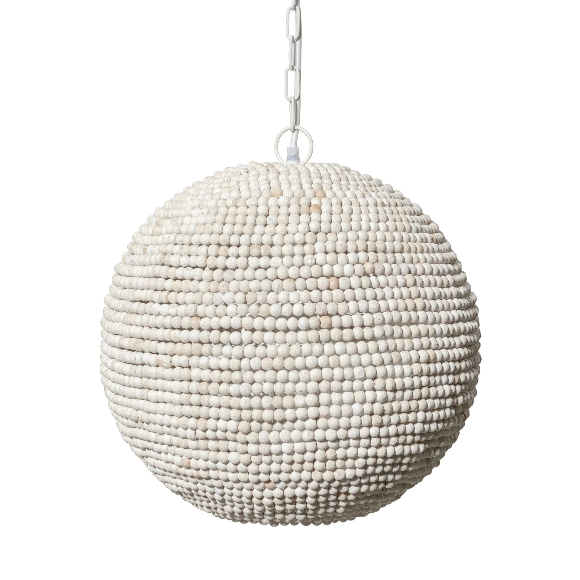 White beaded spherical pendant light hanging from a chain