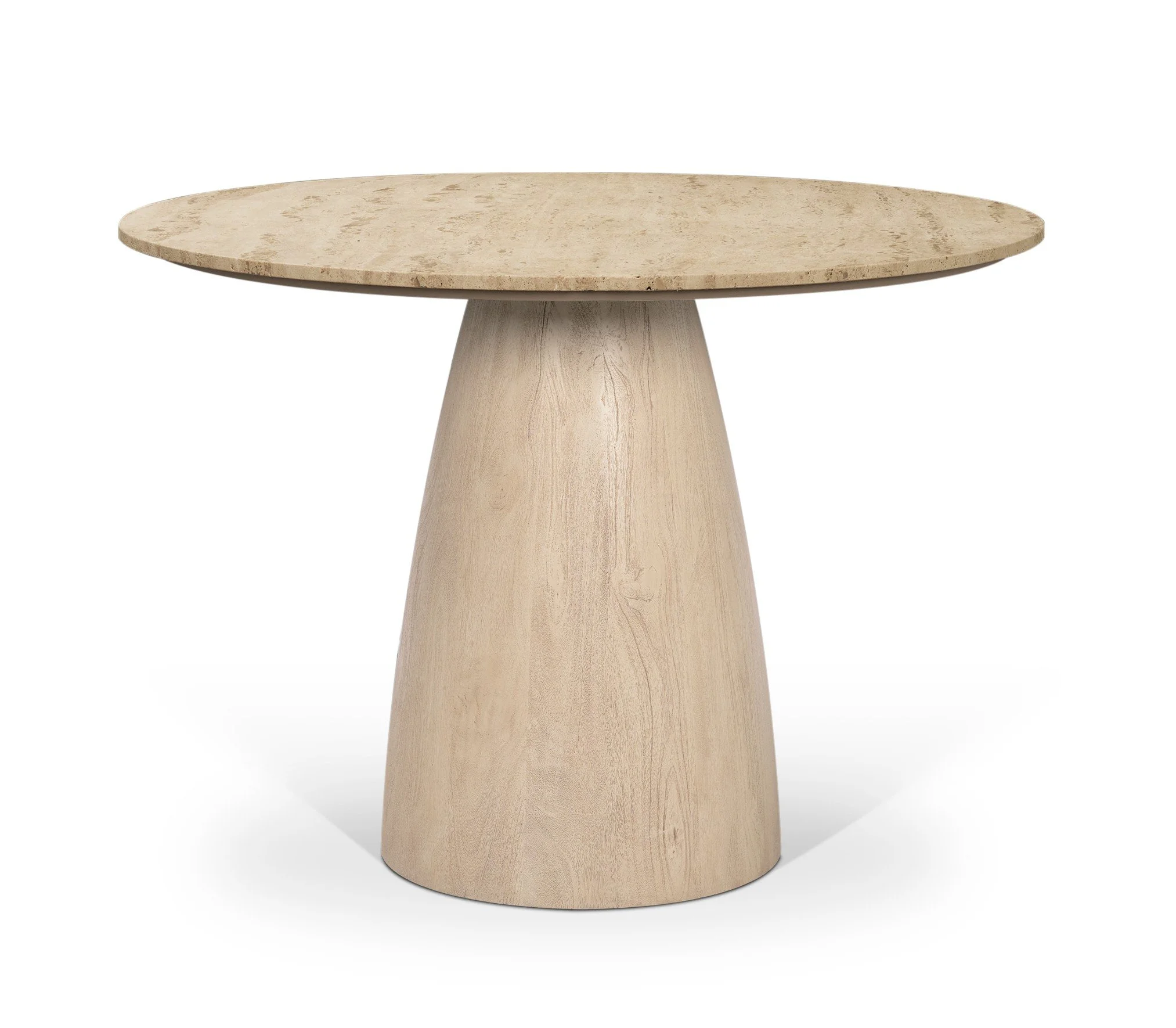 Oval travertine-top dining table with a light wood pedestal base