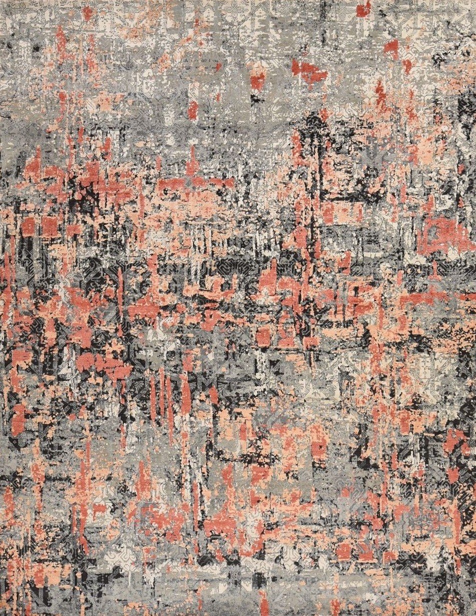 Abstract distressed rug pattern in gray, coral, black, and cream tones