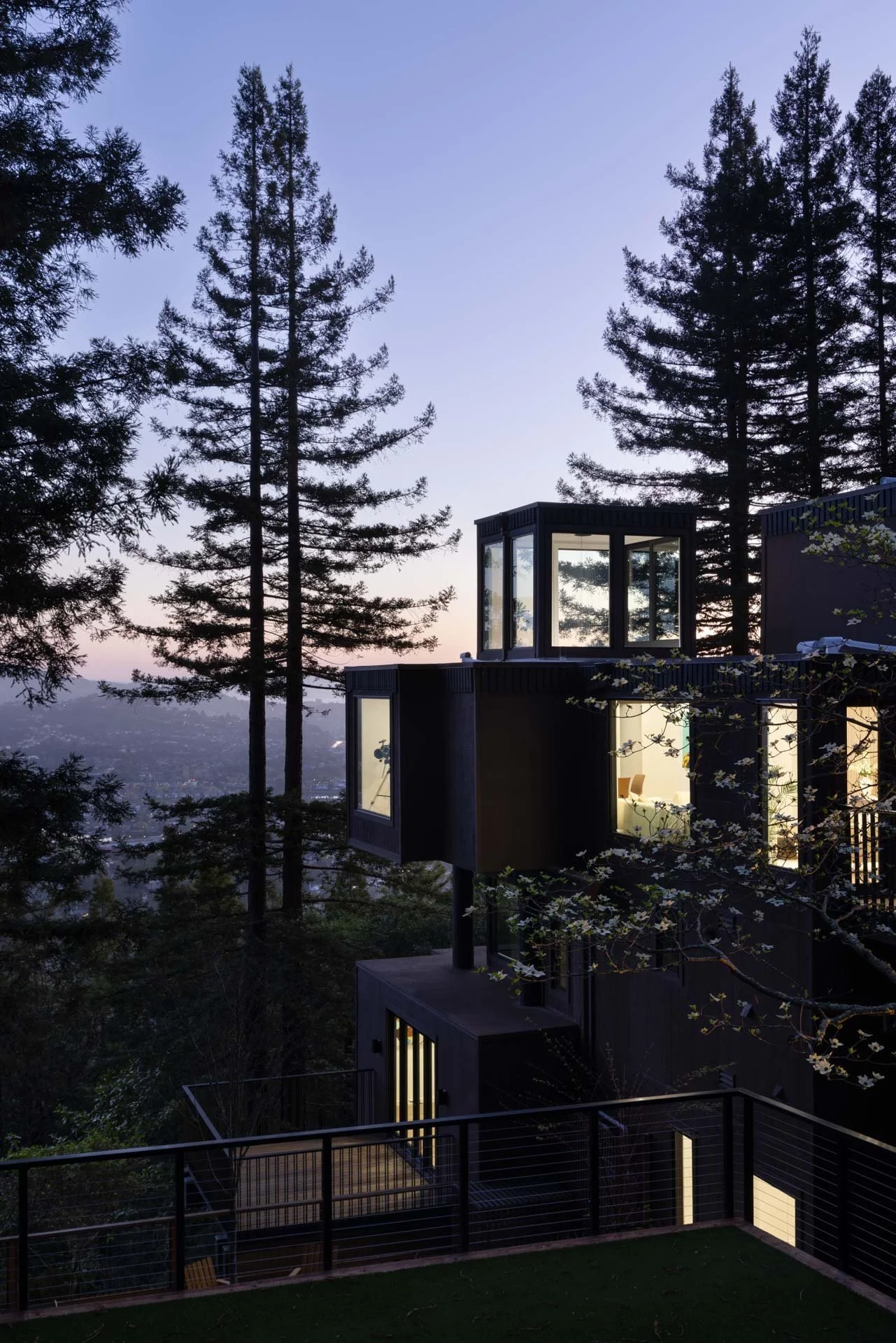 Timber tree house lit at dusk between tall redwoods, 238 Summit Drive, Corte Madera