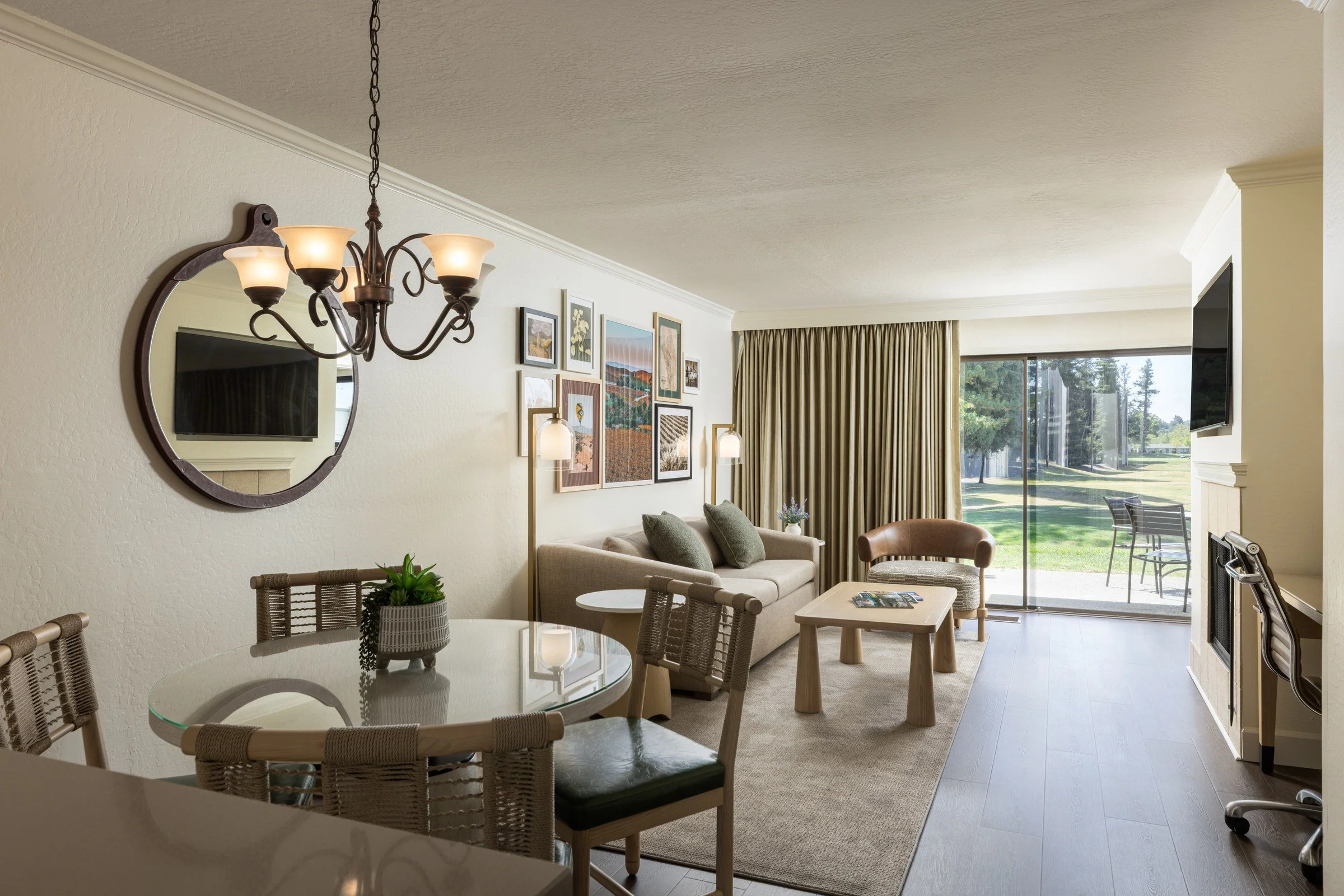 Renovated suite with dining table and golf course view, Silverado Resort, Napa