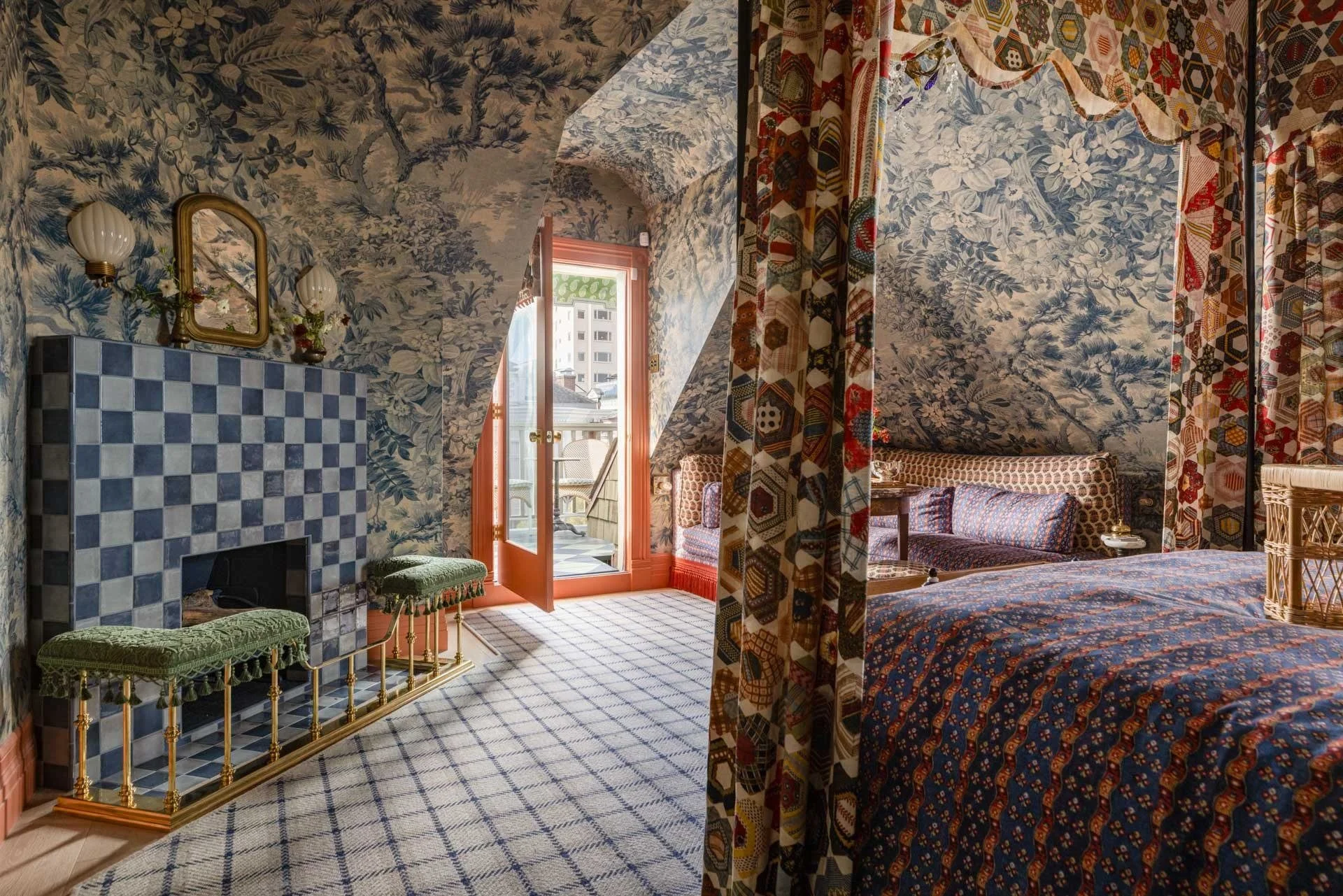 Toile bedroom with a checkered tile fireplace and patterned canopy bed, 2315 Broadway, San Francisco Decorator Showcase