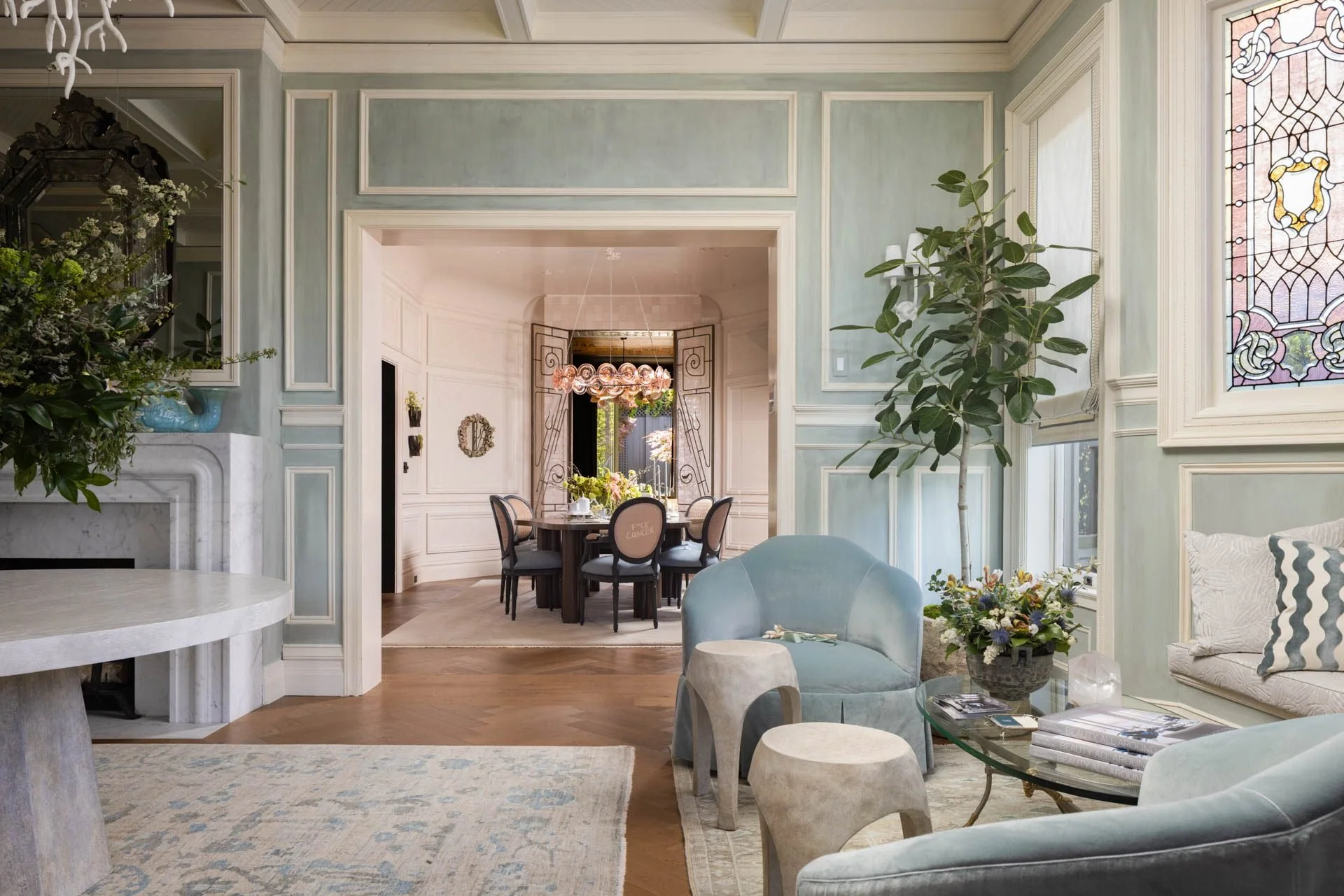 Pale green paneled parlor opening into the dining room, 2315 Broadway, Pacific Heights, San Francisco Decorator Showcase