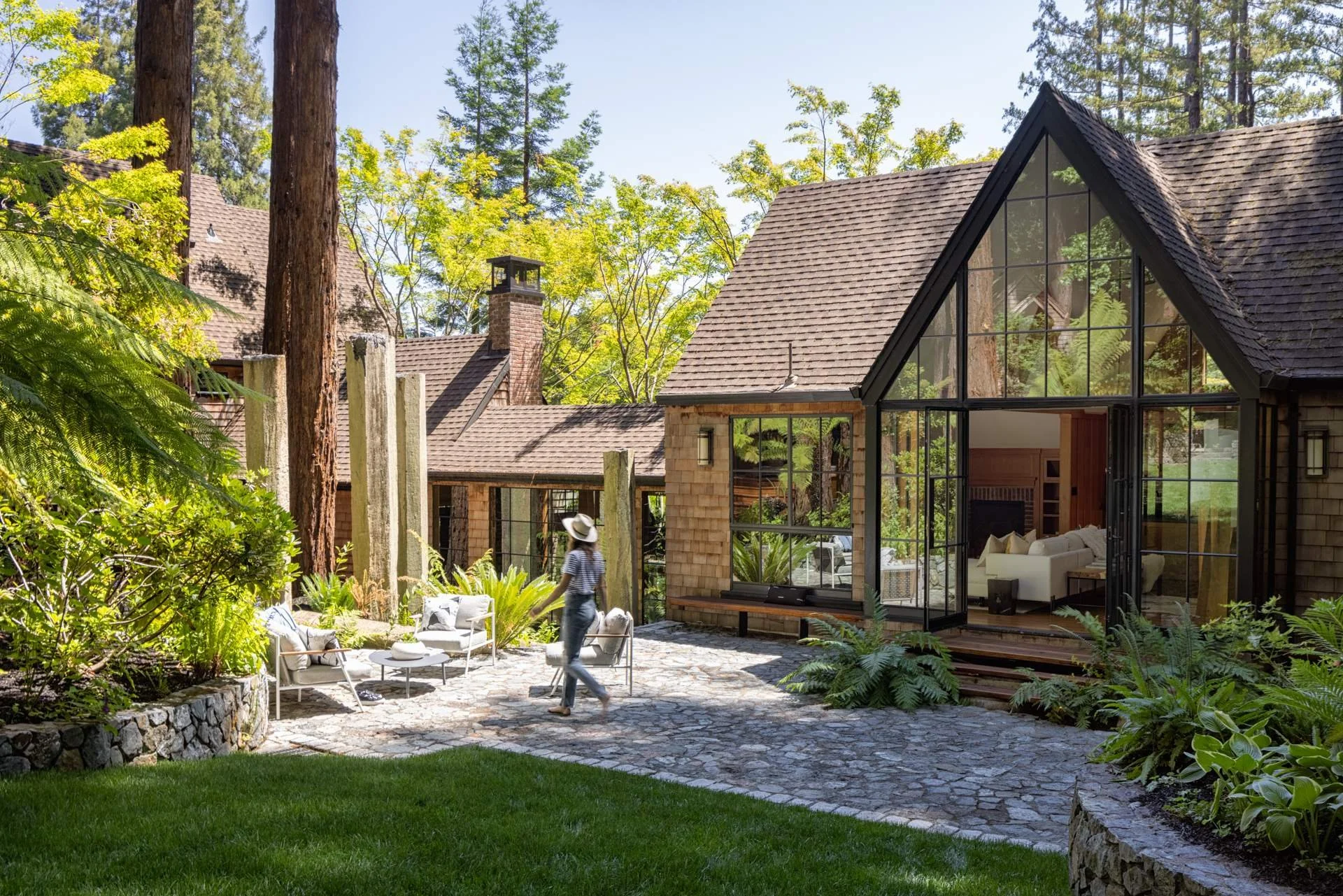 Shingled redwood house with a glass gable set among the redwoods, 16 Woodside, Mill Valley