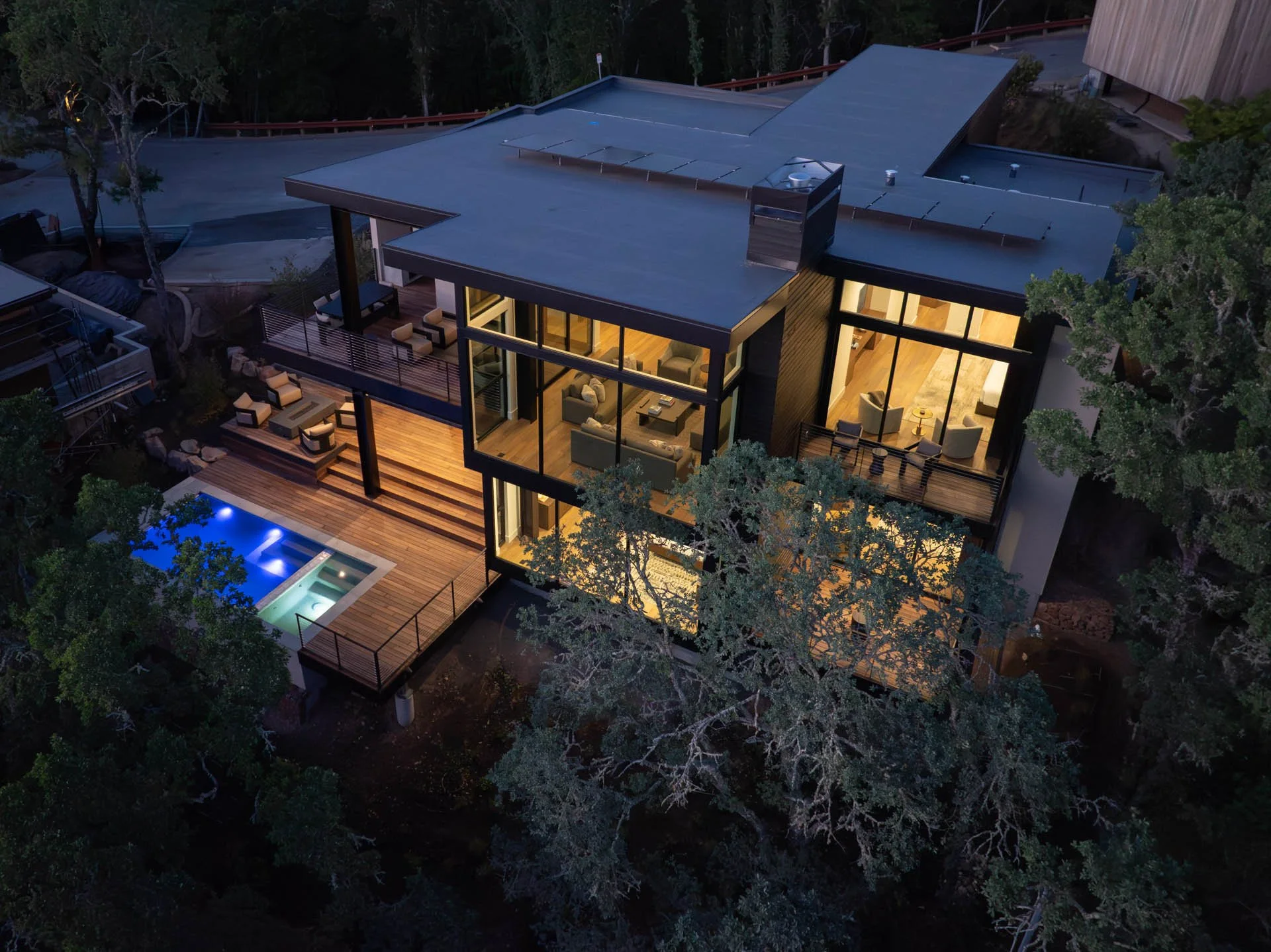 Overhead view of the home and pool deck at night, a resort residence at Montage Healdsburg