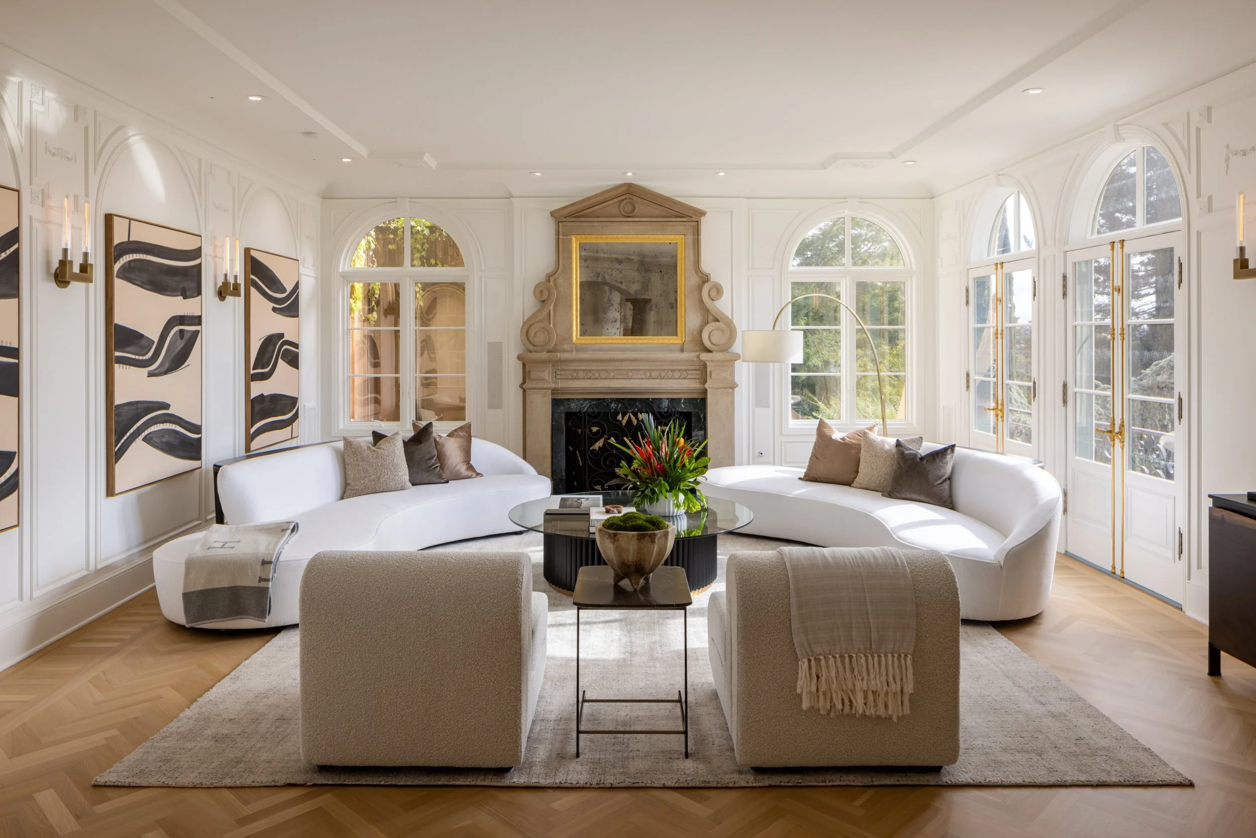 Living room with carved stone fireplace, 27 Upper Road, Ross