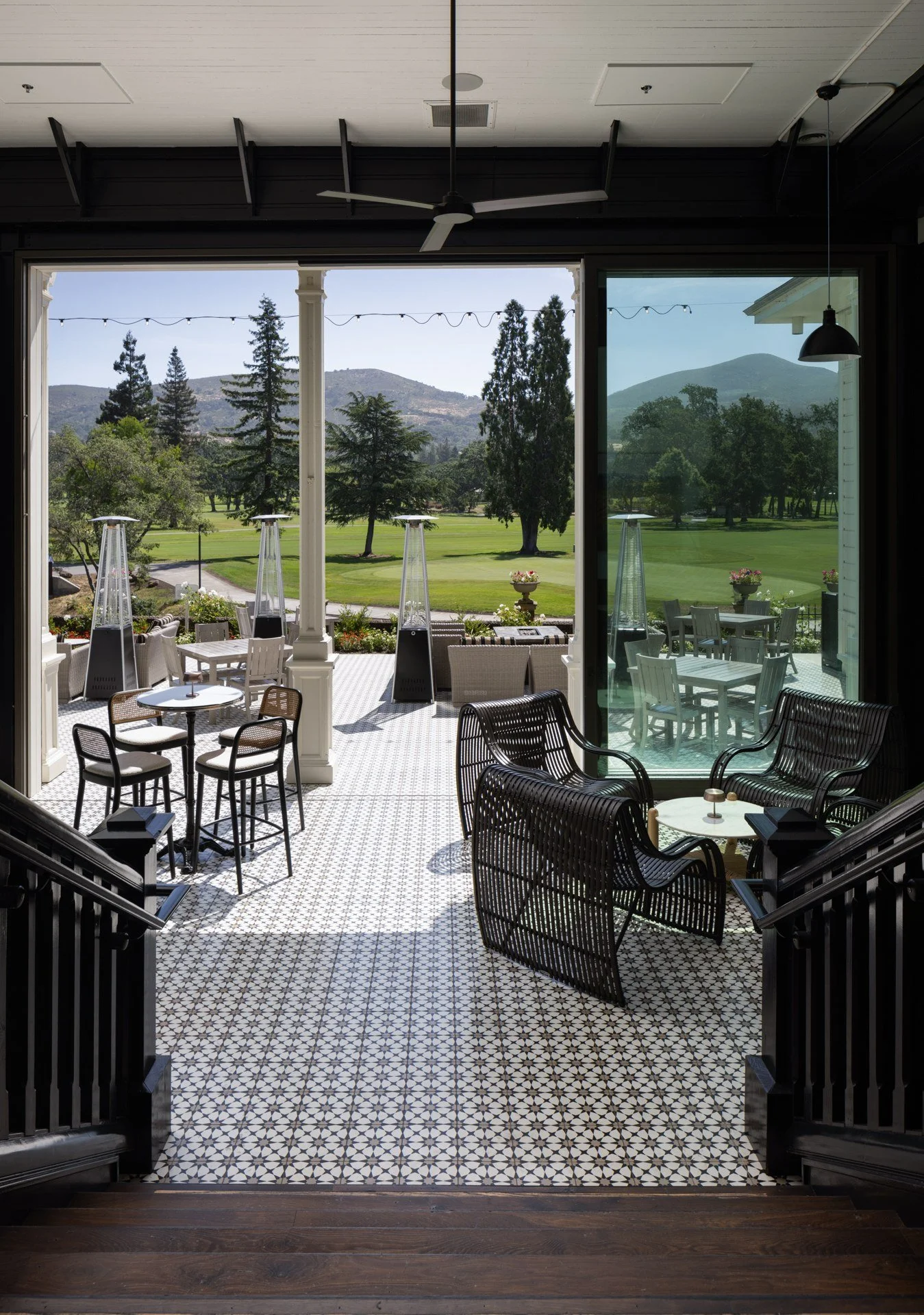 Mansion veranda doors open to the golf course and hills, Silverado Resort, Napa
