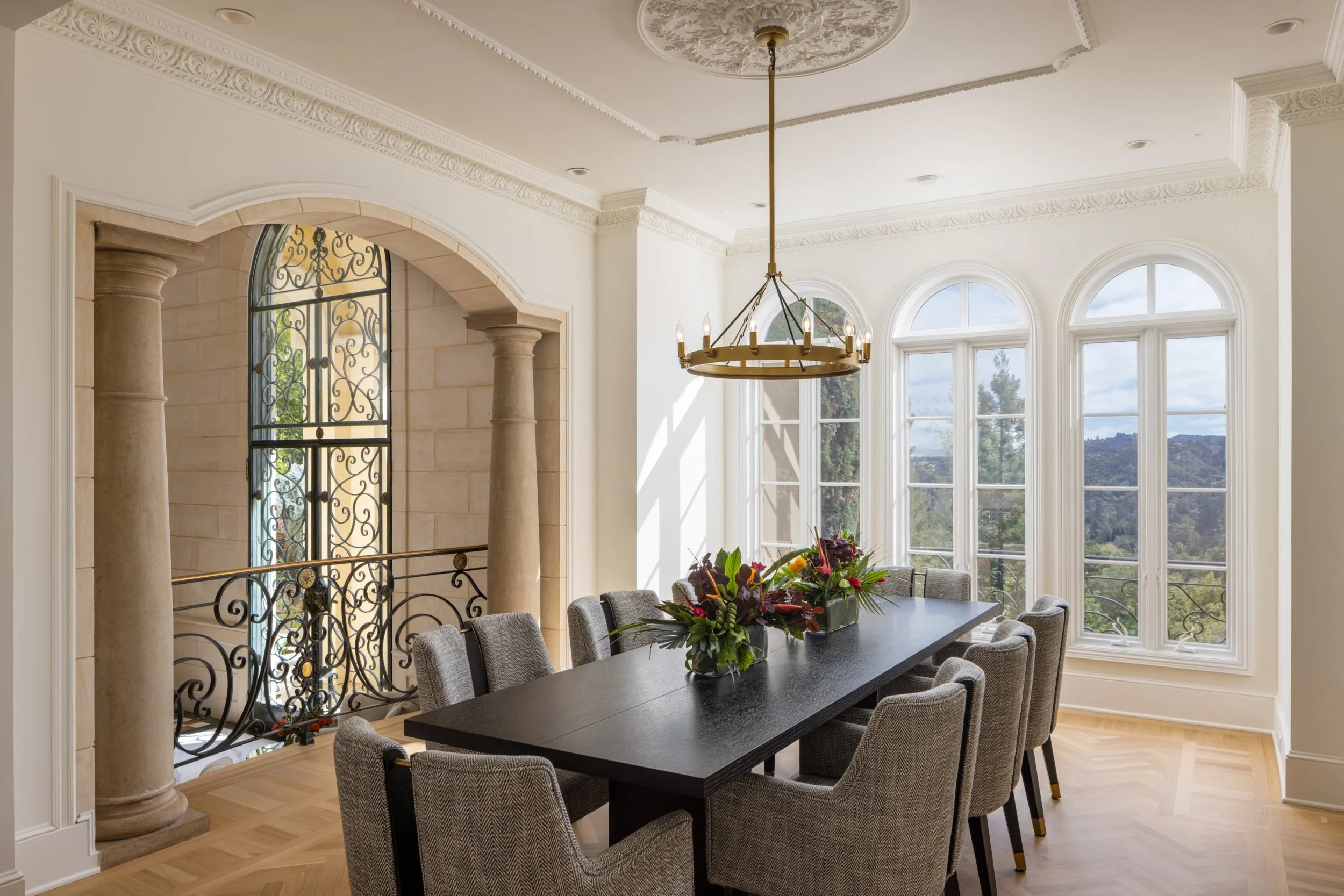 Formal dining room under a chandelier, 27 Upper Road, Ross