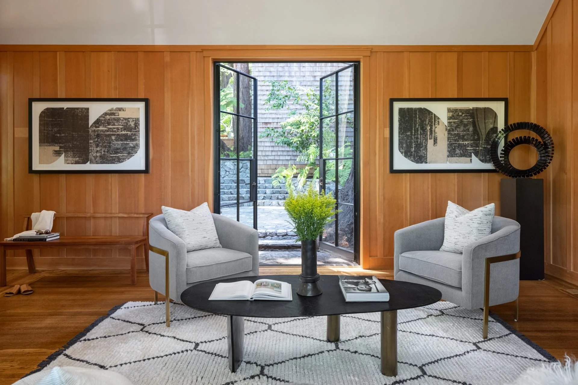 Sitting room with grey armchairs, framed artwork and French doors to the garden, 16 Woodside, Mill Valley