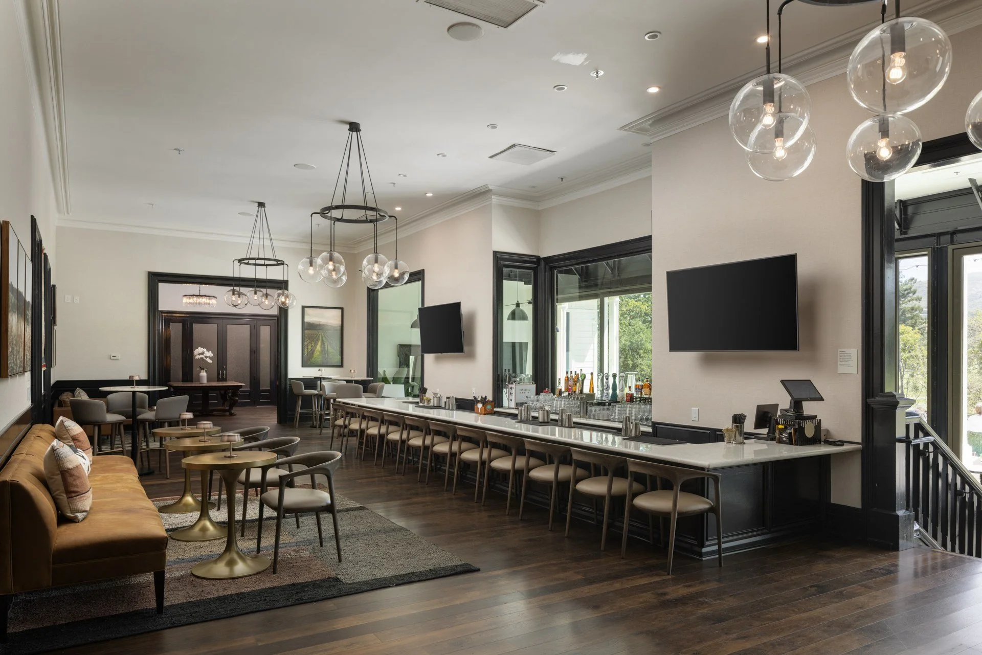 Mansion bar with globe pendants and leather banquette, Silverado Resort, Napa Valley