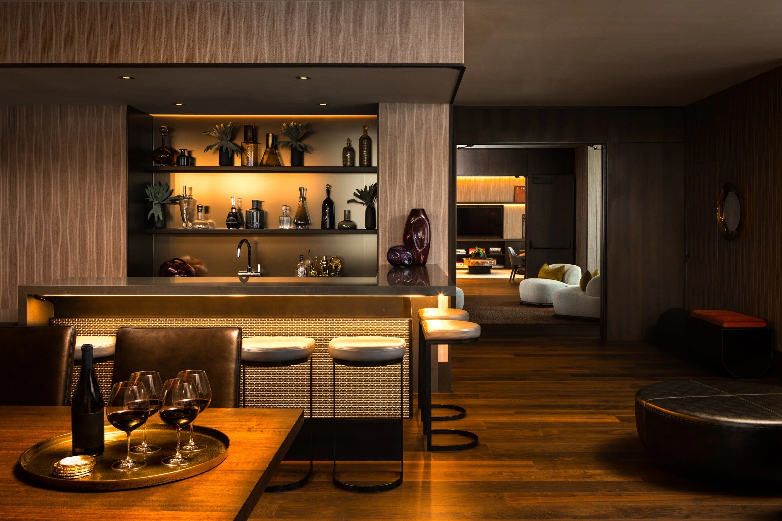 Residence bar and lounge in evening light, The Avery, San Francisco