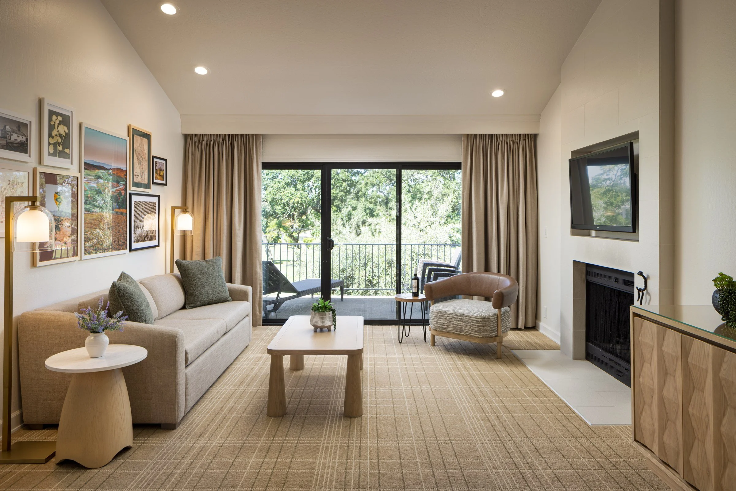 Renovated suite living room with fireplace and balcony, Silverado Resort, Napa