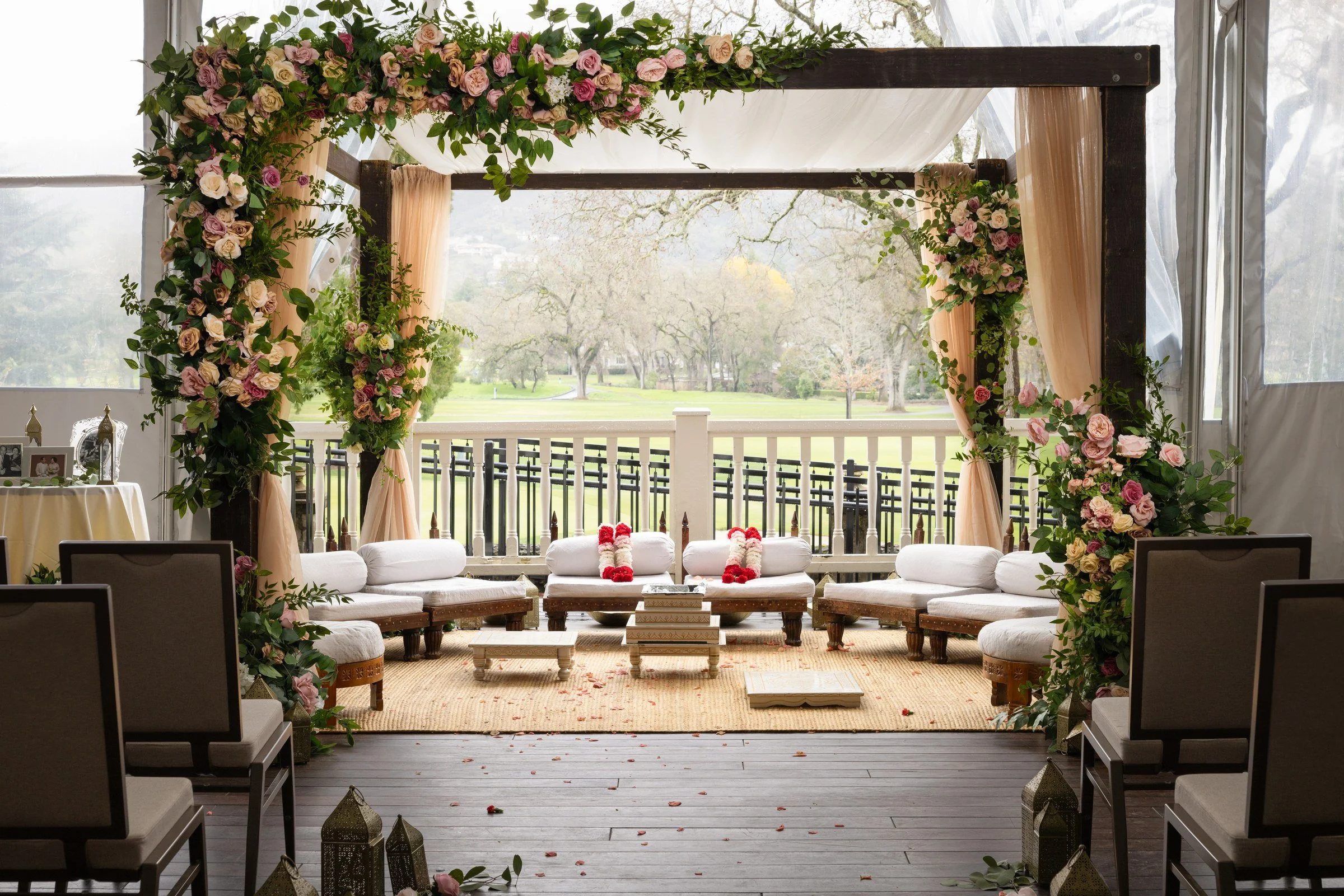 Wedding ceremony arch of roses overlooking the golf course, Silverado Resort, Napa Valley