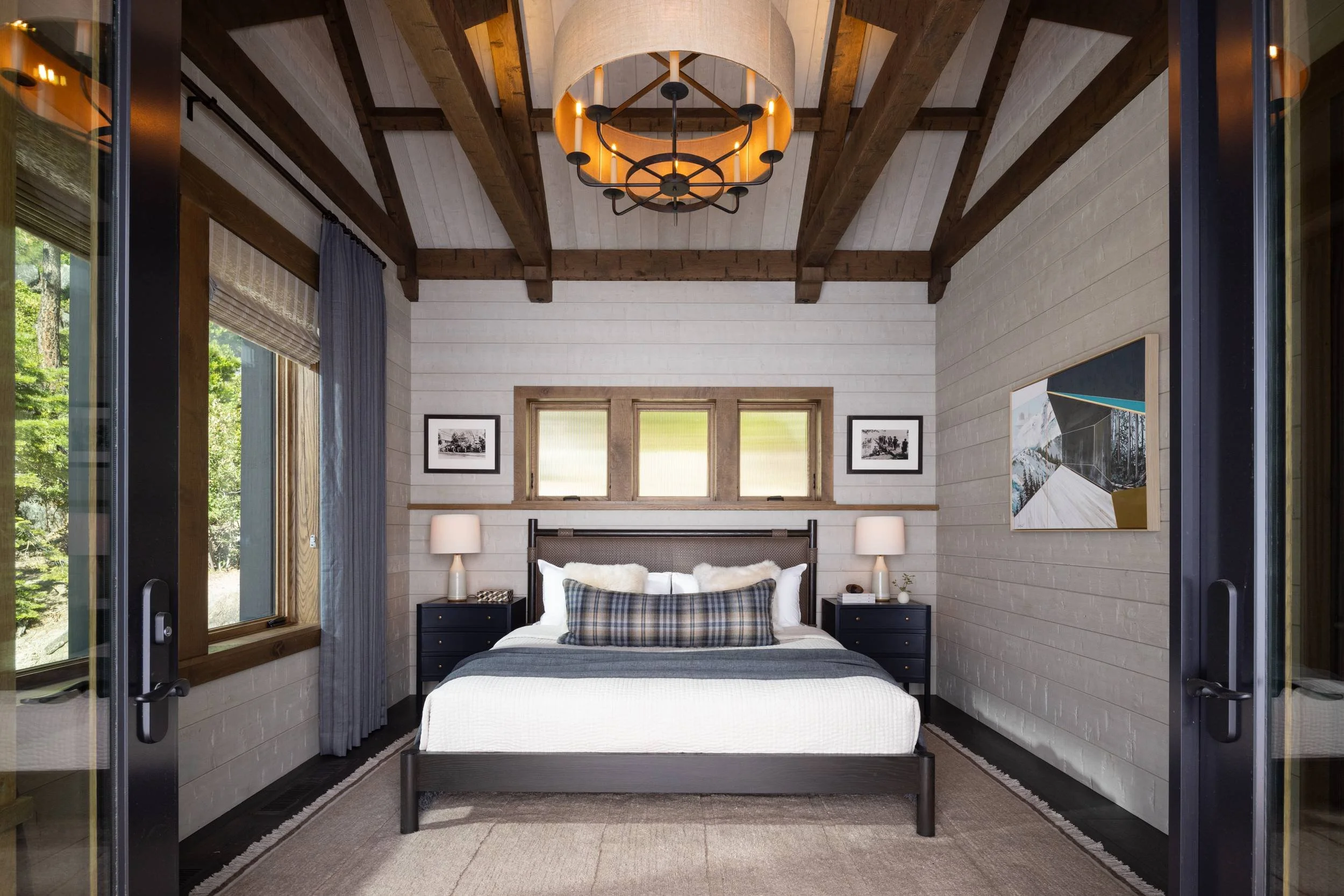Lakeside cabin bedroom under a timber ceiling, Lake Tahoe Residence