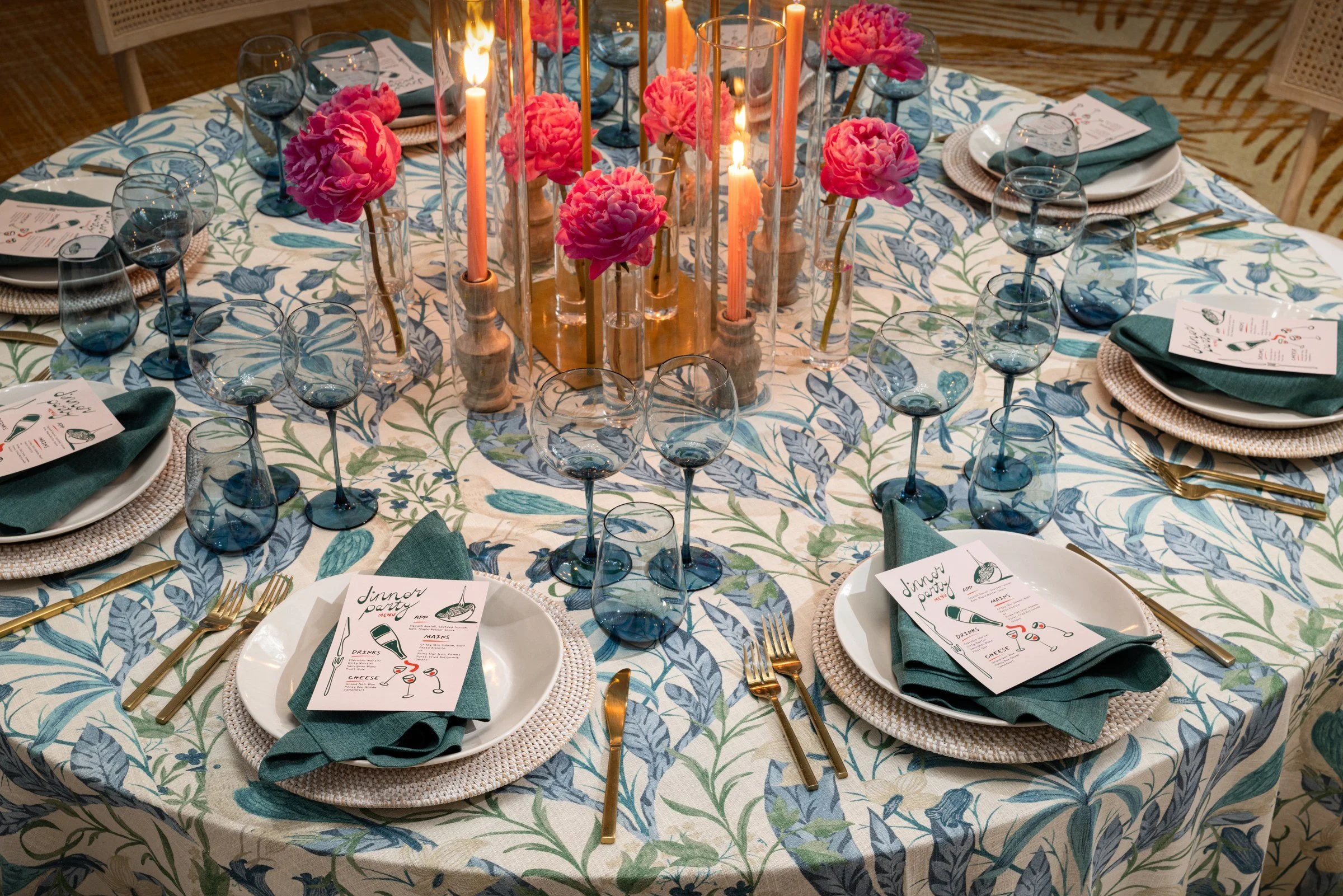 Event tablescape with botanical linens, pink dahlias and candles, Silverado Resort, Napa