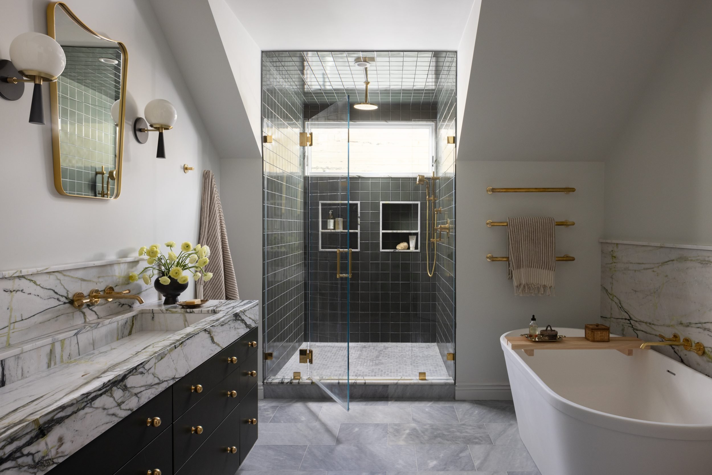 Primary bath with marble vanity, freestanding tub and glass shower, 99 Bosworth, Barlow Design