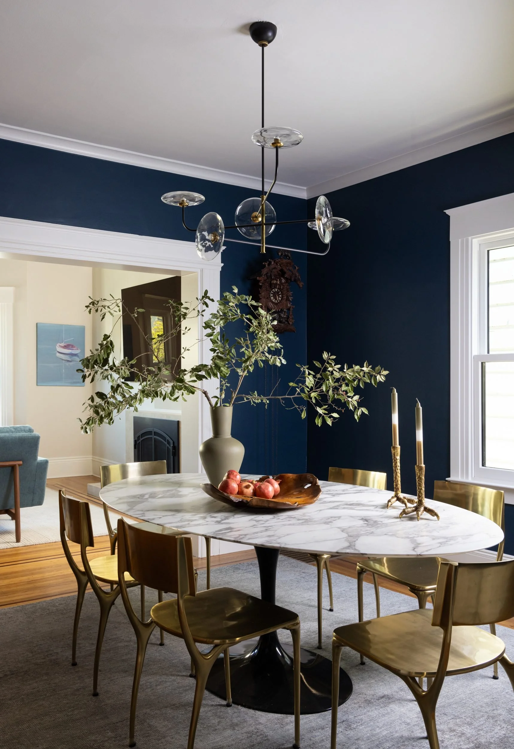 Dining room looking through to the living room and fireplace, 99 Bosworth, Barlow Design